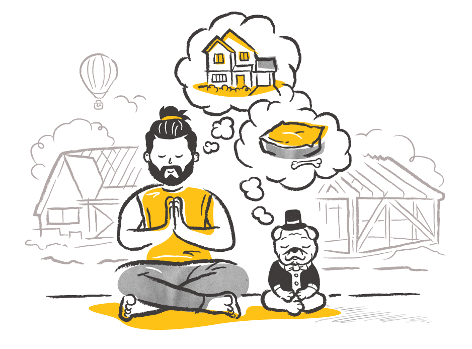 Illustration of trendy young man and pet dog doing yoga and dreaming of their perfect dream homes