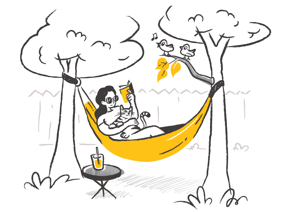 Illustration of woman relaxing in hammock with pet cat and fizzy drink, reading a book